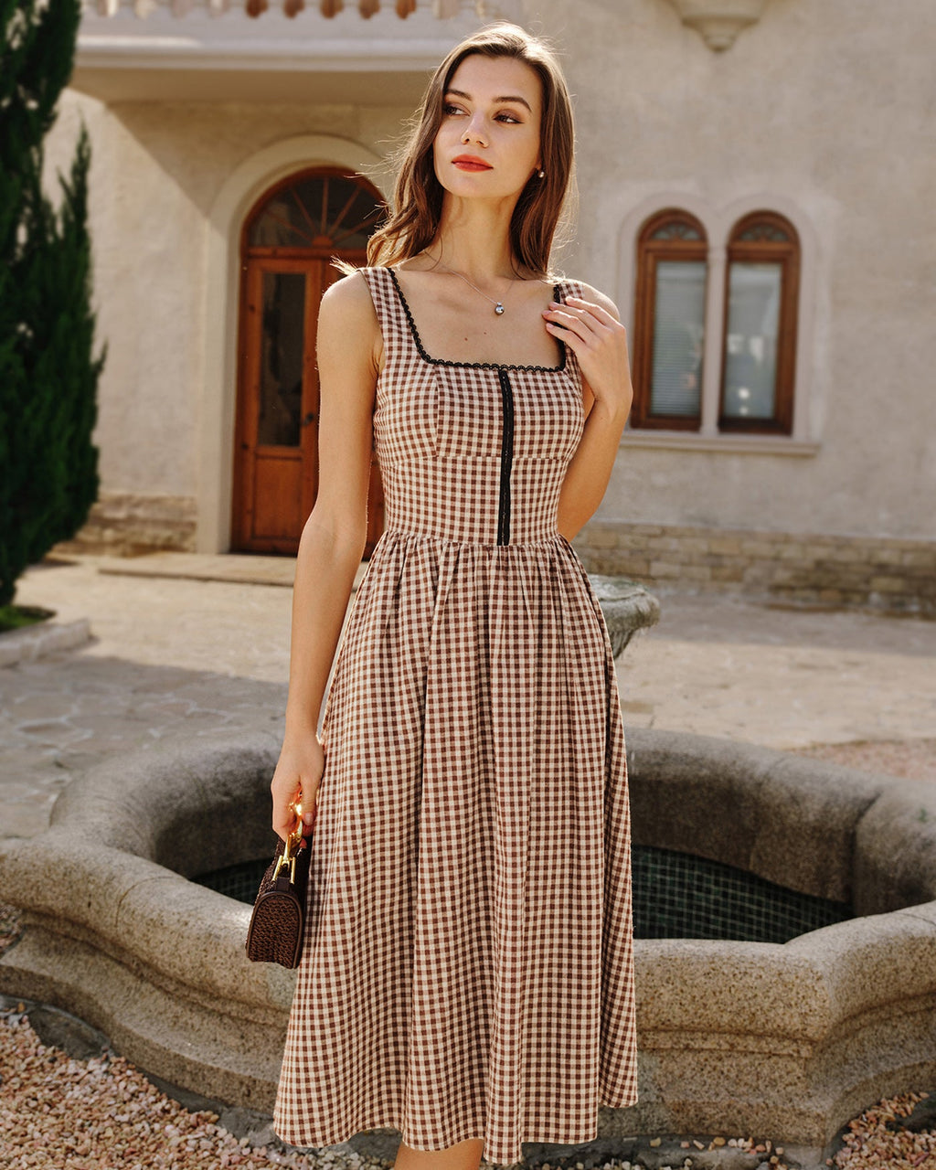 Brown Plaid Sleeveless Midi Dress