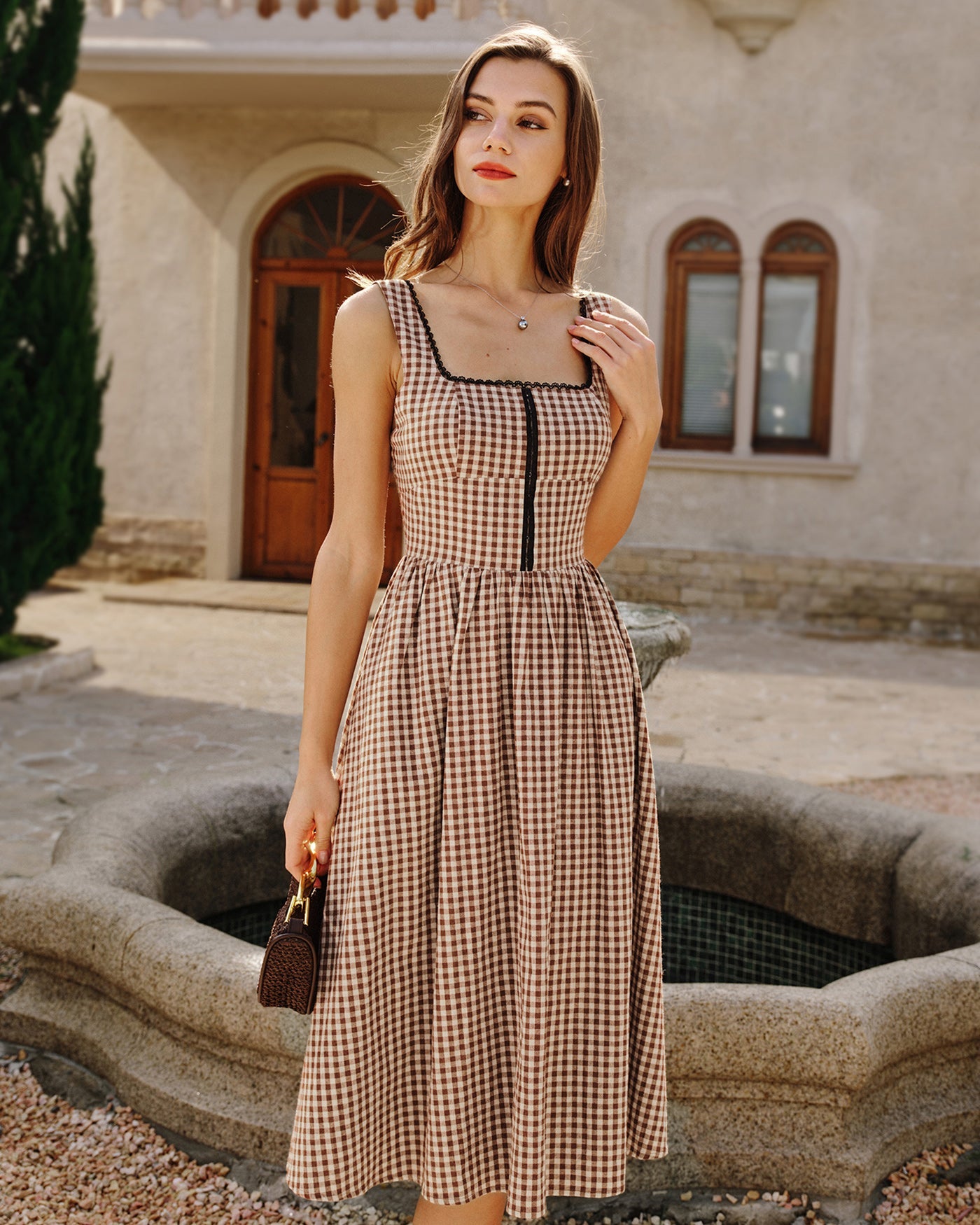 Brown Plaid Sleeveless Midi Dress