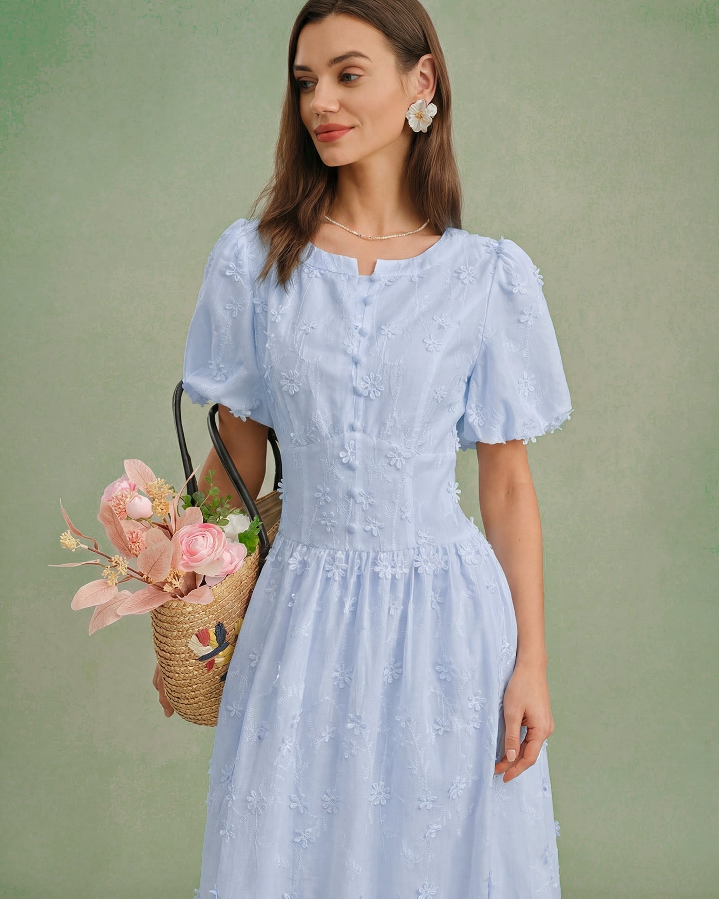 Blue Floral Textured Midi Dress