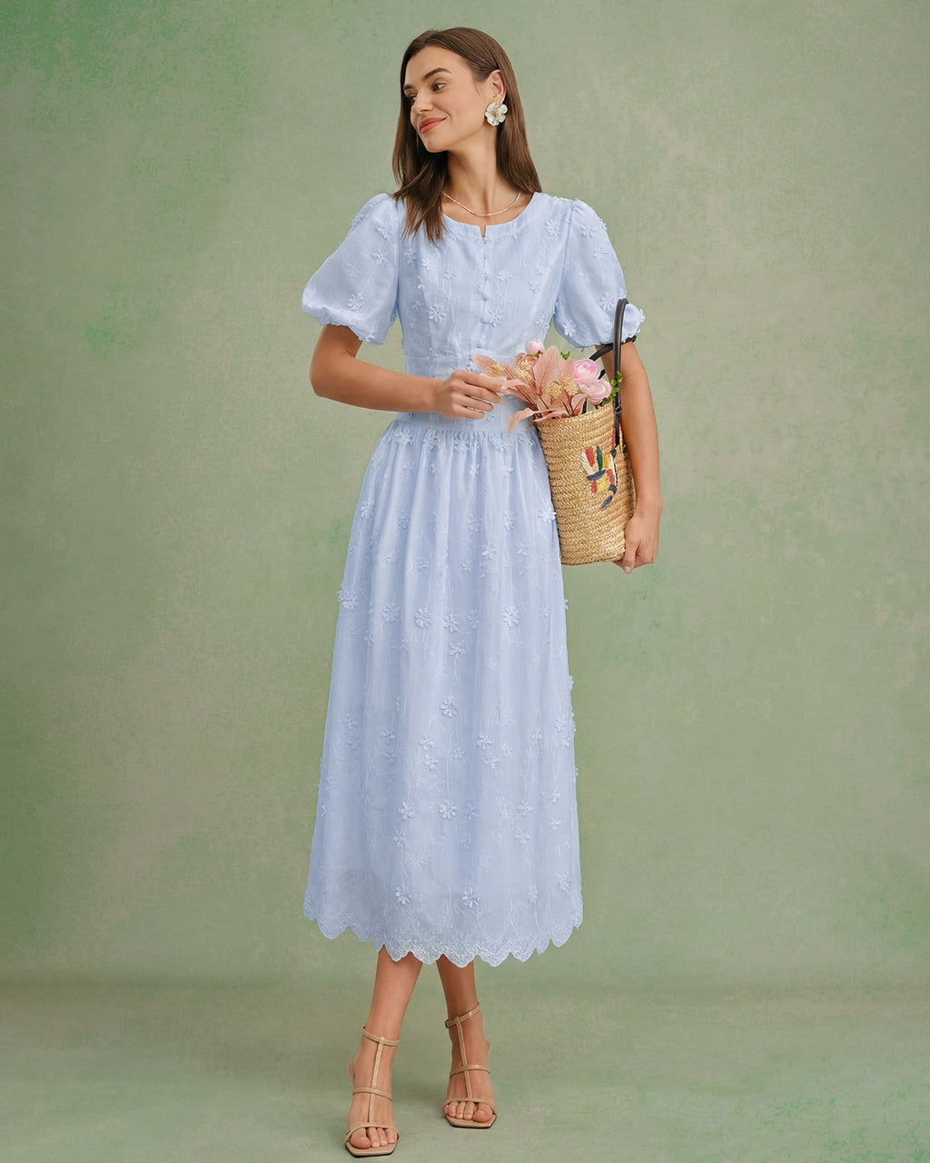 Blue Floral Textured Midi Dress