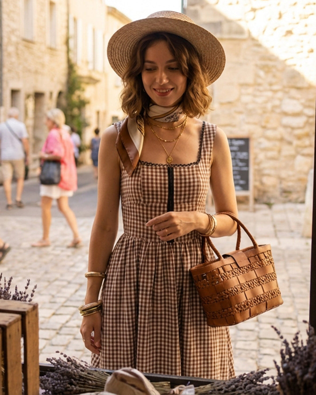 Brown Plaid Sleeveless Midi Dress