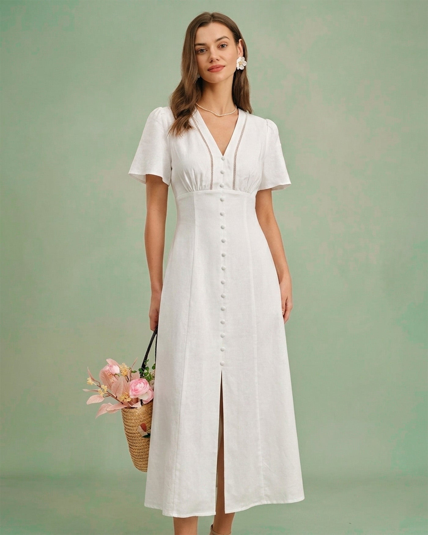 White V Neck A-Line Button Midi Dress