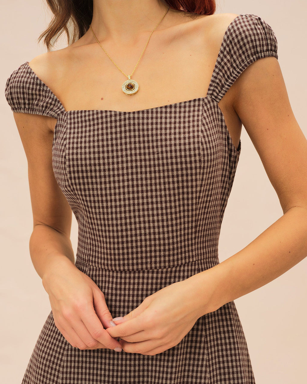 Brown Plaid Sweetheart Neck Midi Dress