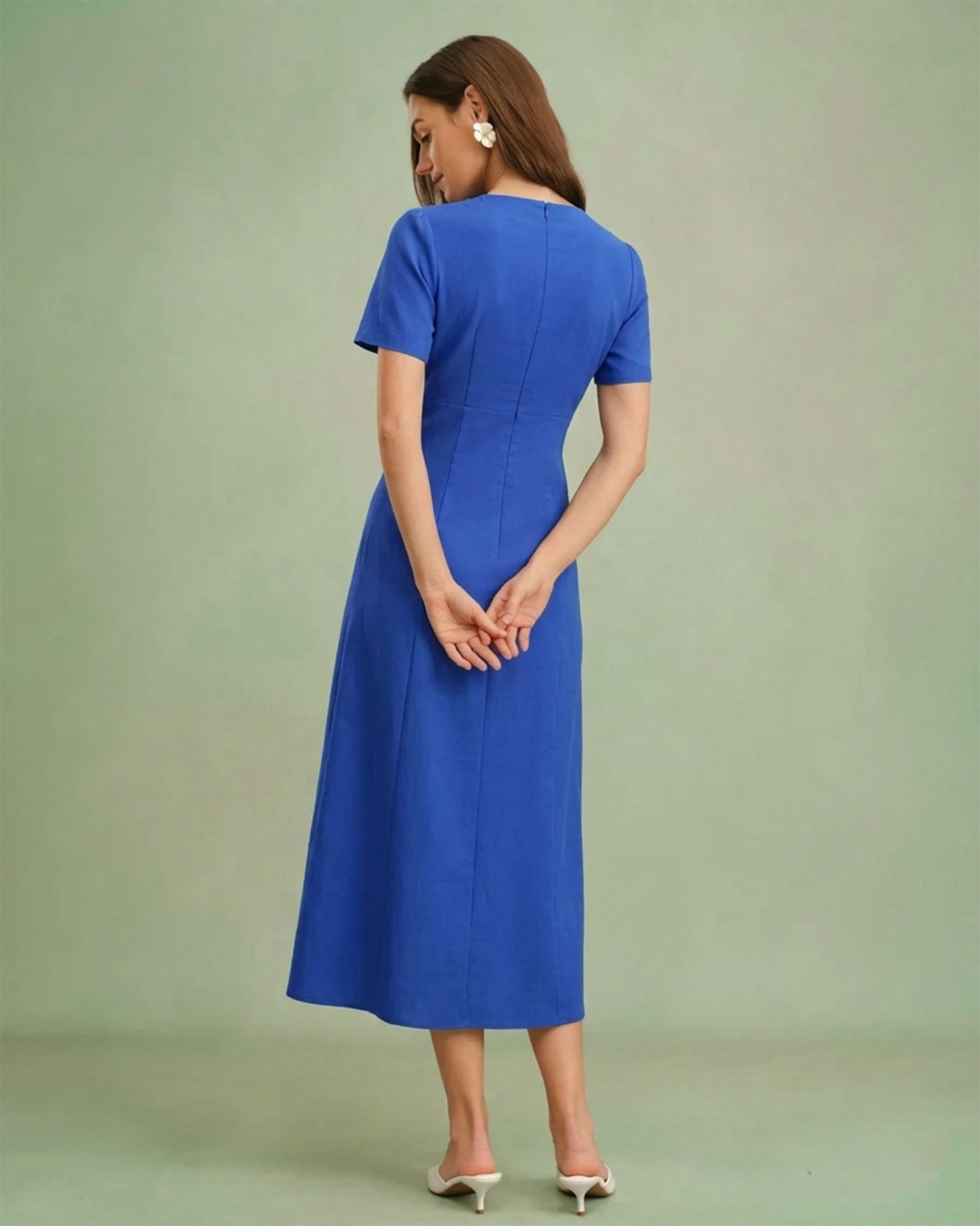 Blue V Neck A-Line Button Midi Dress