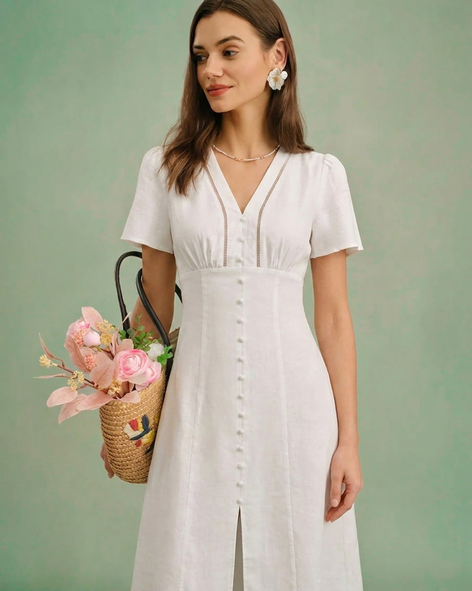 White V Neck A-Line Button Midi Dress