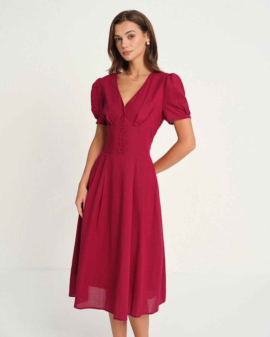 Red V Neck Midi Dress
