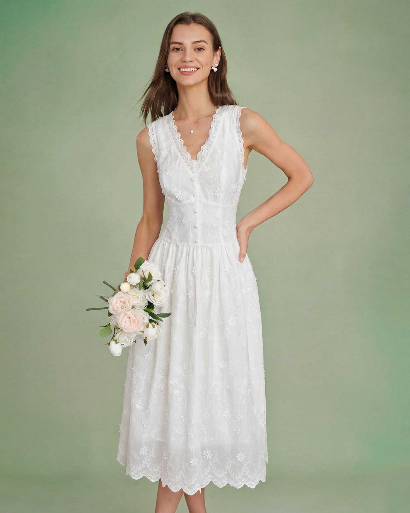 White V Neck Embroidery Midi Dress