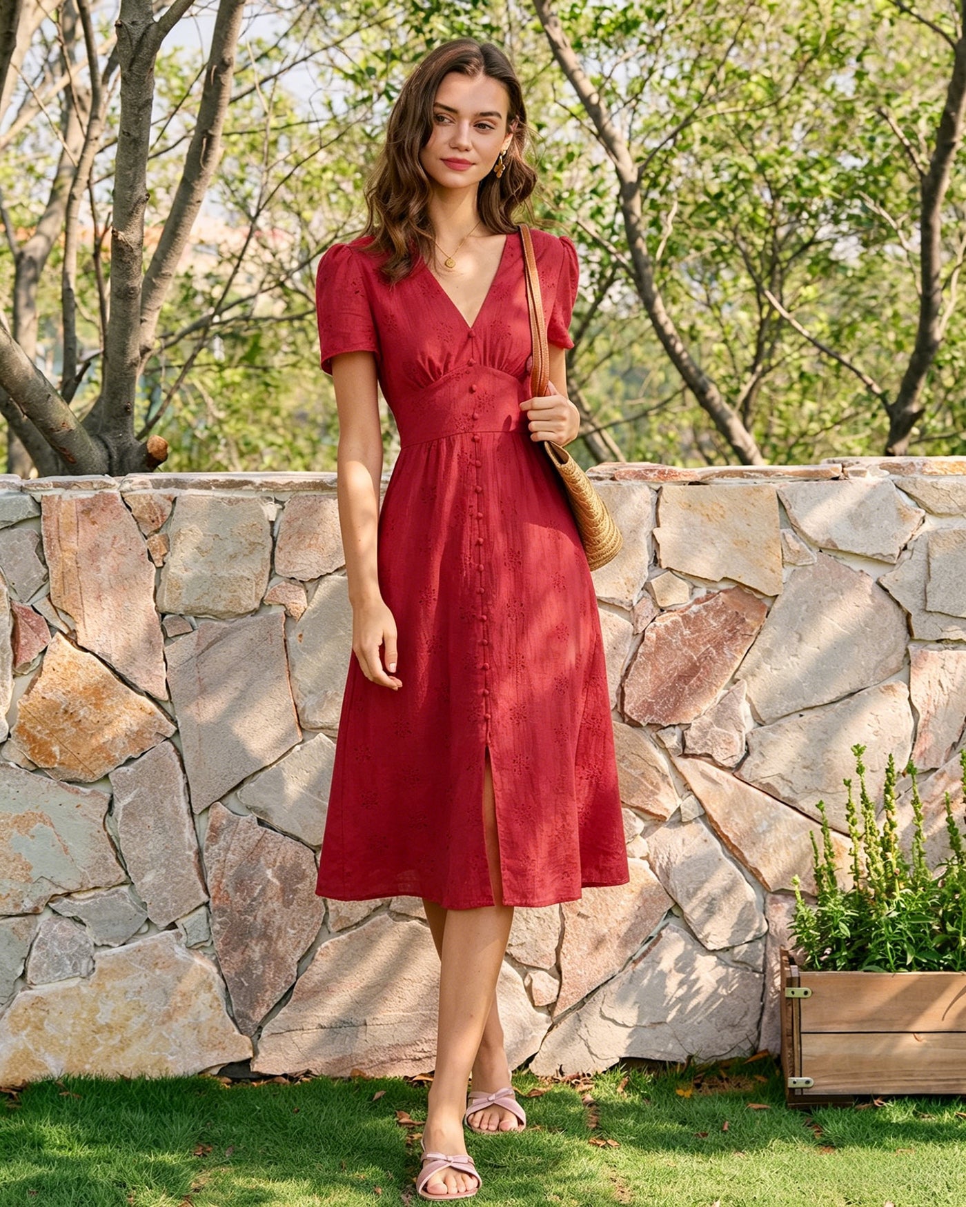 Red V Neck Embroidery Midi Dress
