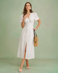 White V Neck A-Line Button Midi Dress