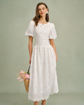 White Round Neck Floral Midi Dress