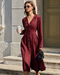 Wine Red Ruched A-Line Midi Dress
