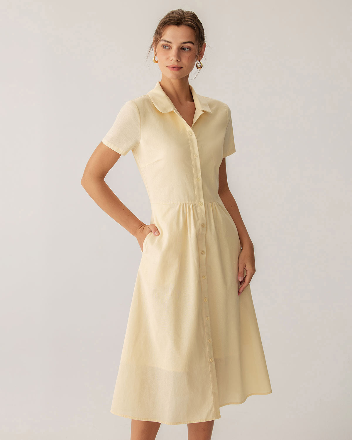 Yellow Button Short Sleeve Midi Dress