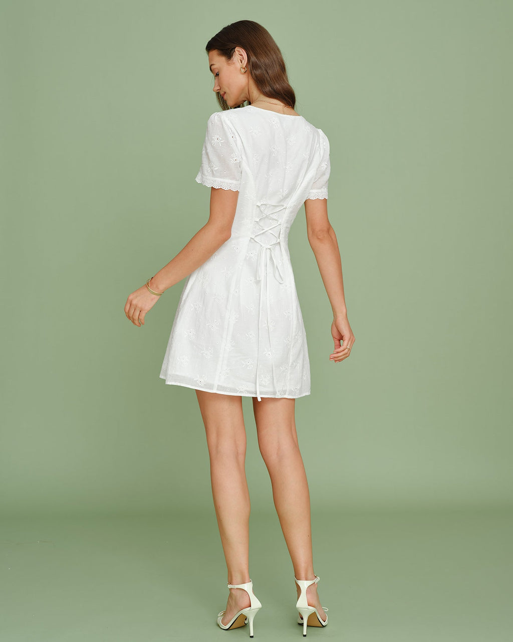 White V Neck Embroidery Lace Mini Dress