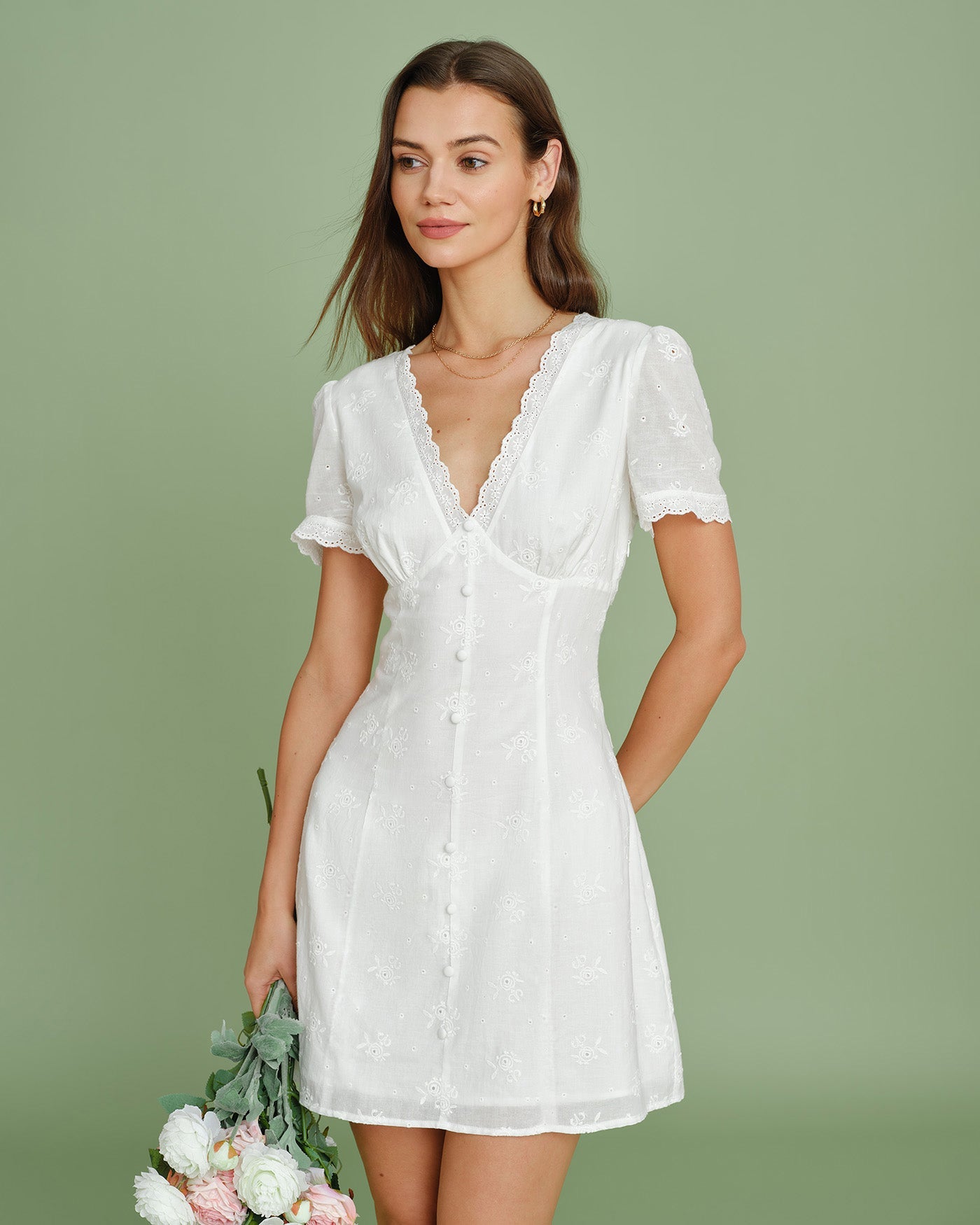 White V Neck Embroidery Lace Mini Dress