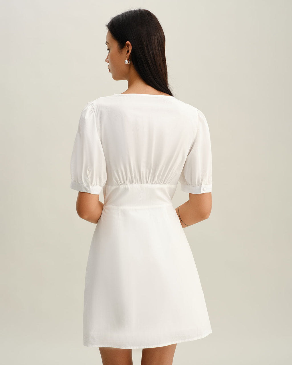 White V-Neck Ruched Mini Dress