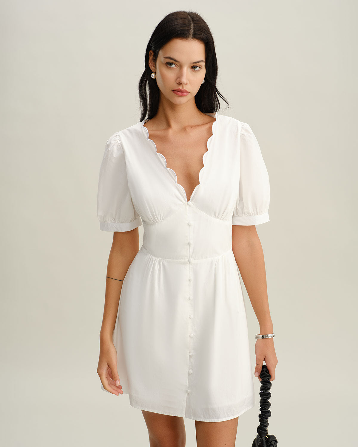 White V-Neck Ruched Mini Dress