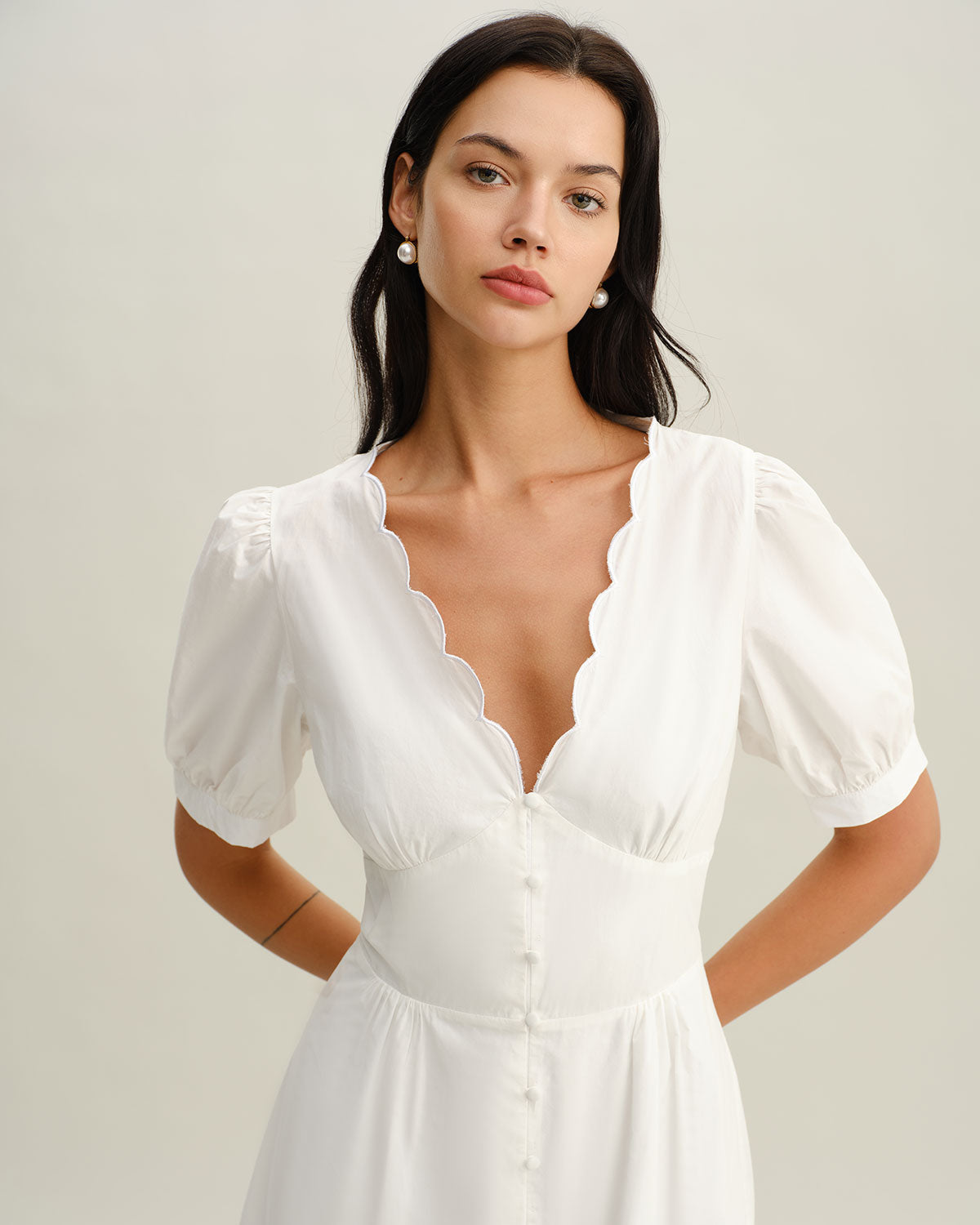 White V-Neck Ruched Mini Dress