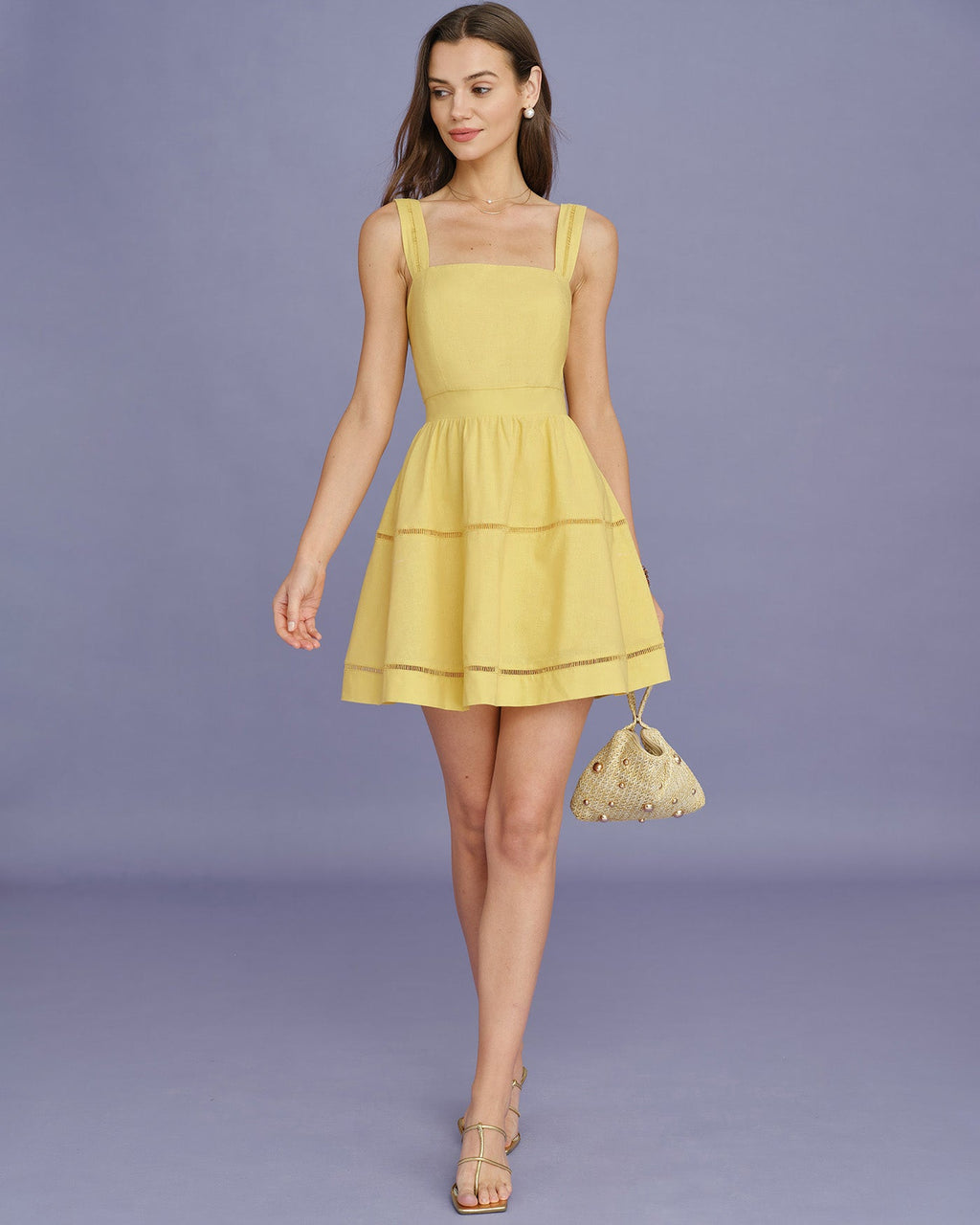Yellow Square Neck Shirred Mini Dress