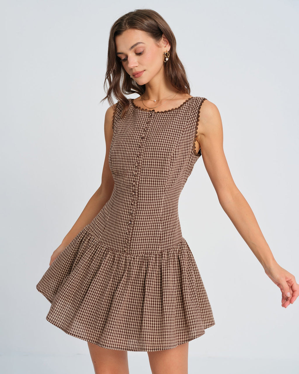 Brown Lace Plaid Mini Dress