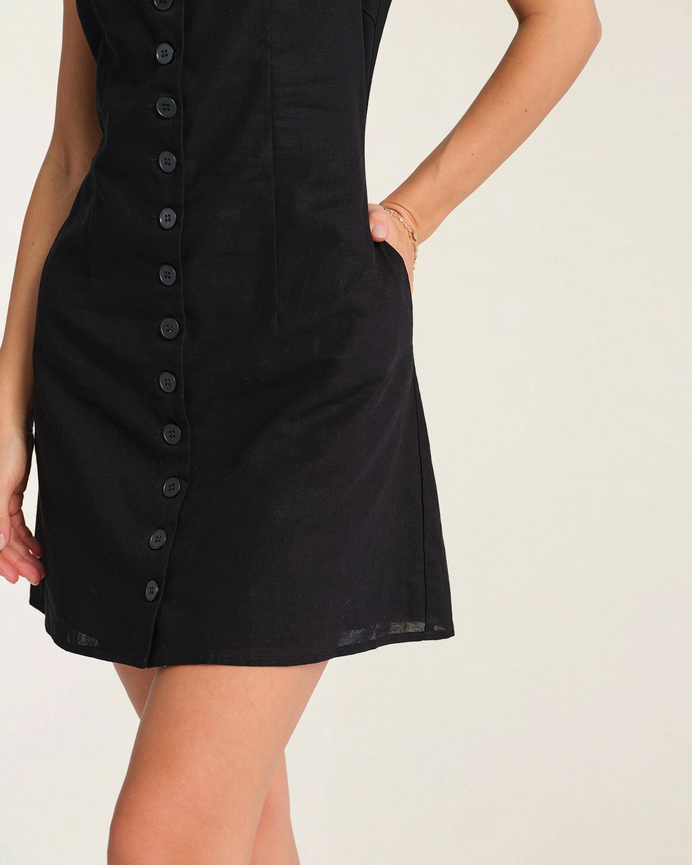 Black Button Square Neck Mini Dress