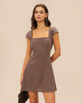 Brown Square Neck Plaid Mini Dress