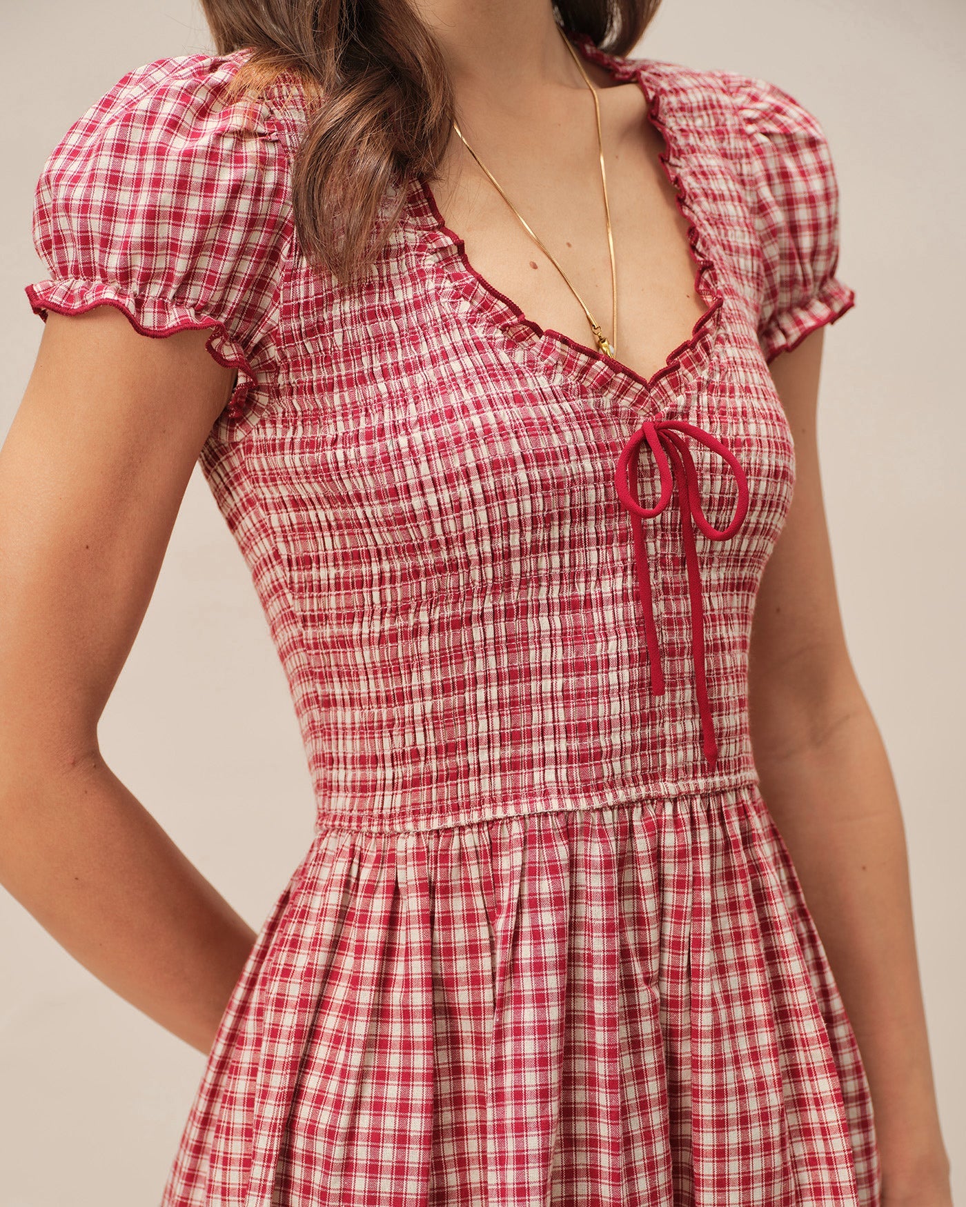 Red V Neck Plaid Mini Dress