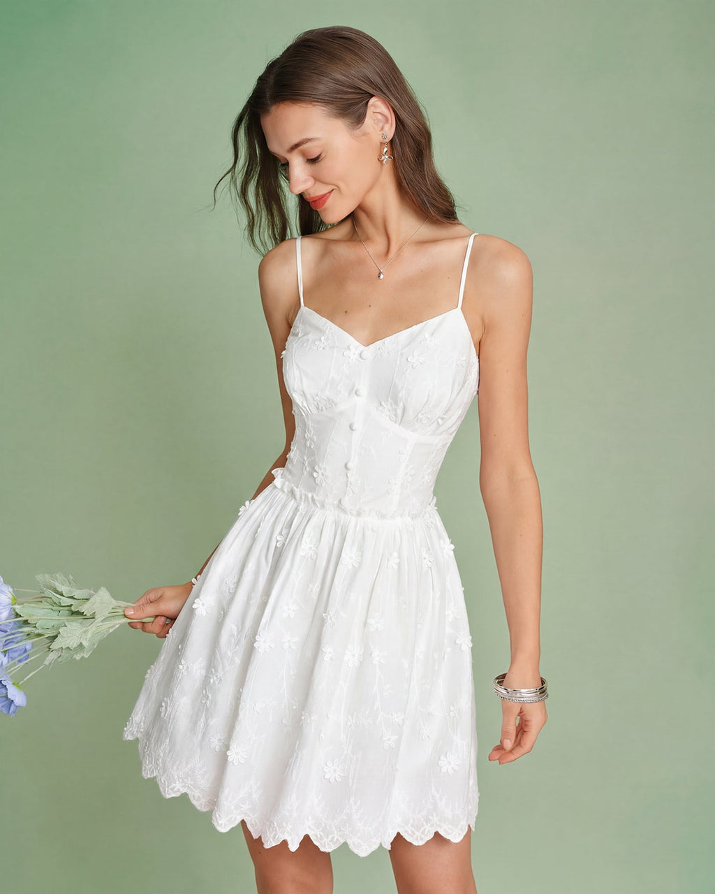 White Floral Embroidery Slip Mini Dress