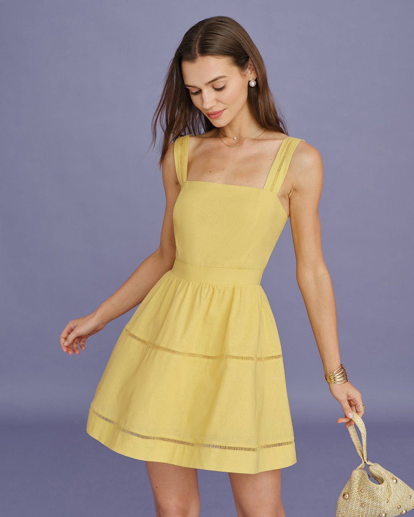 Yellow Square Neck Shirred Mini Dress
