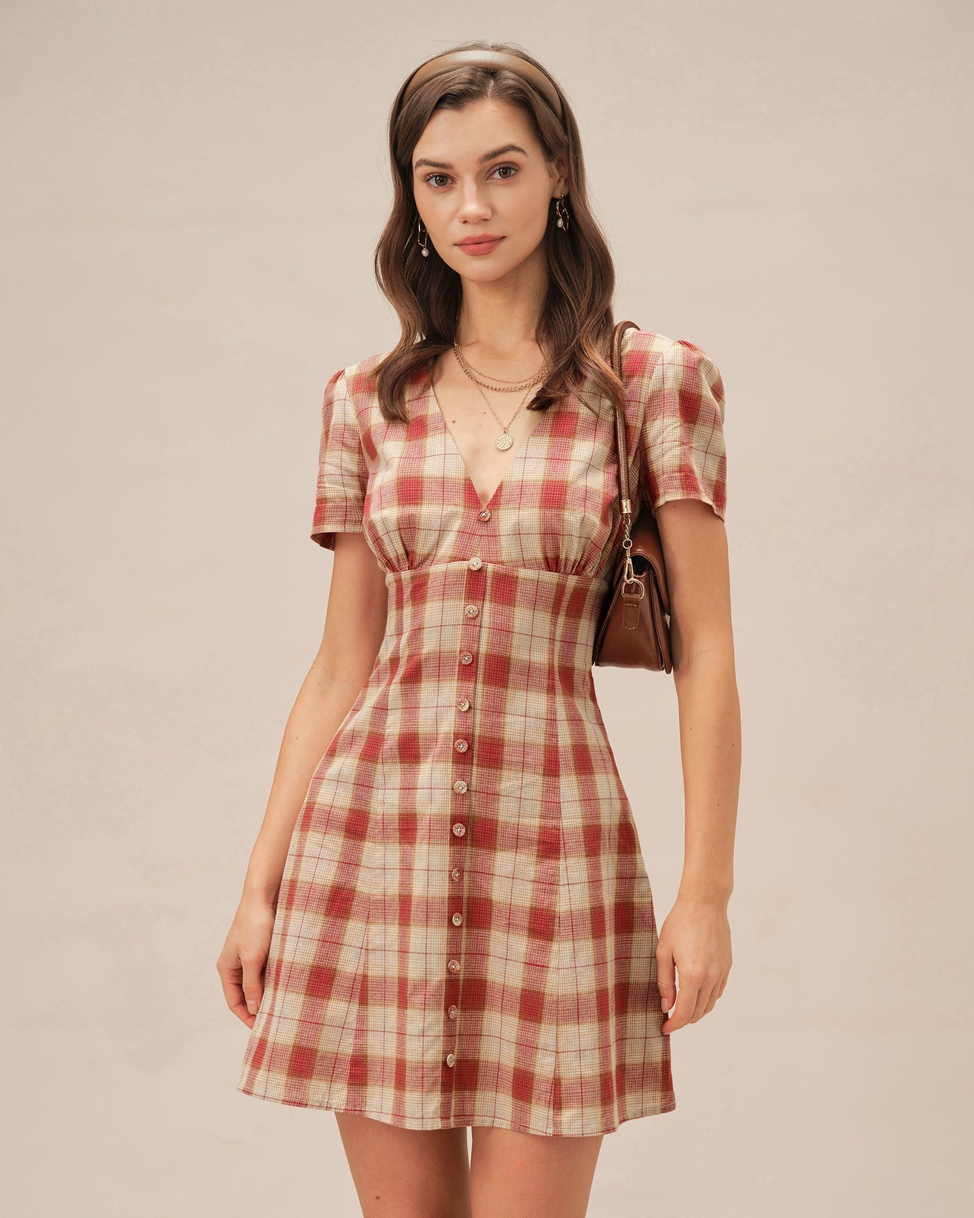 Red Plaid V Neck Mini Dress
