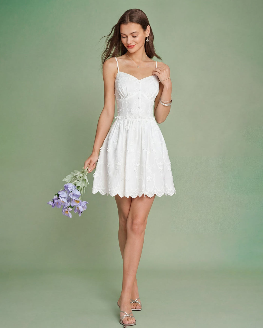 White Floral Embroidery Slip Mini Dress