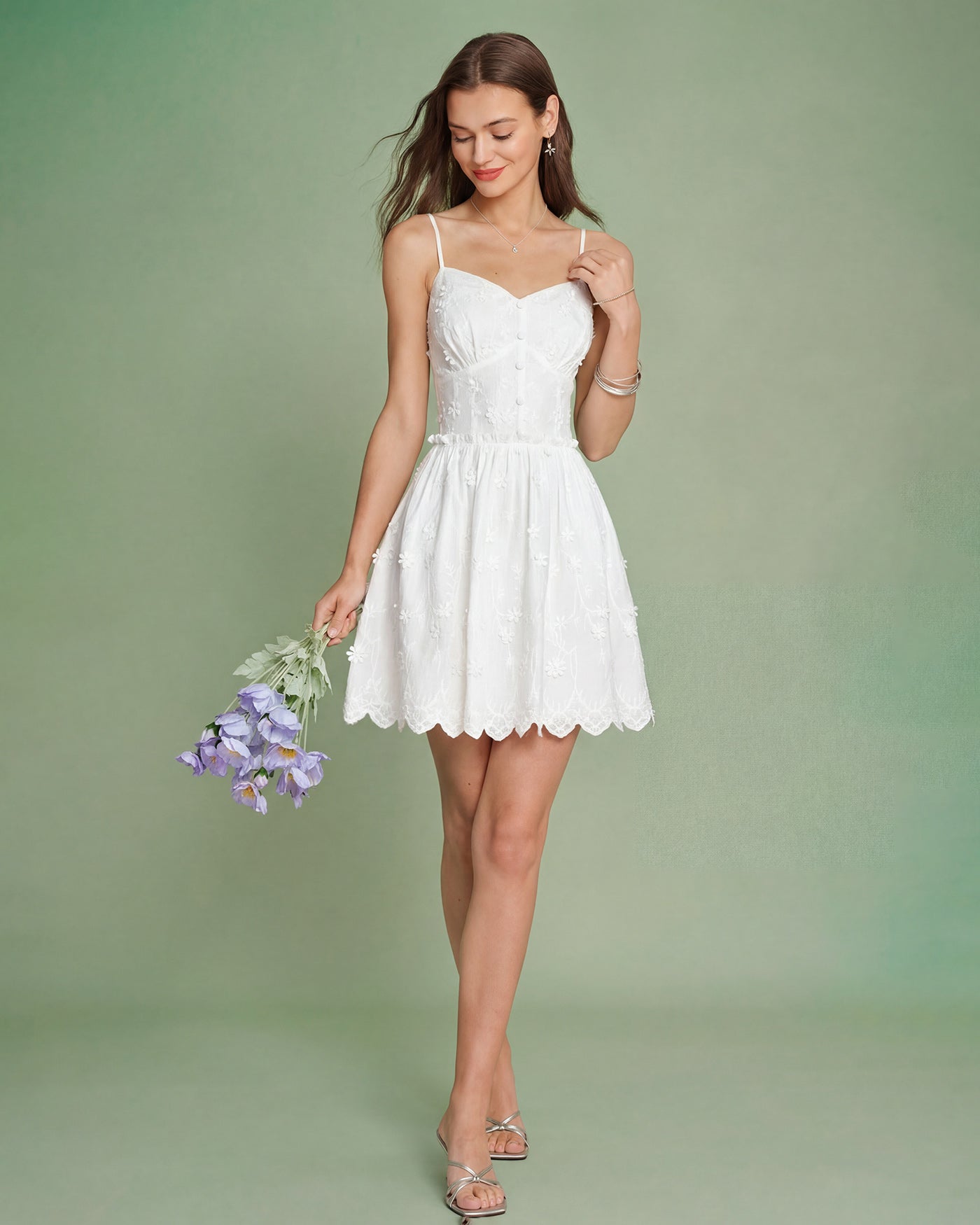 White Floral Embroidery Slip Mini Dress