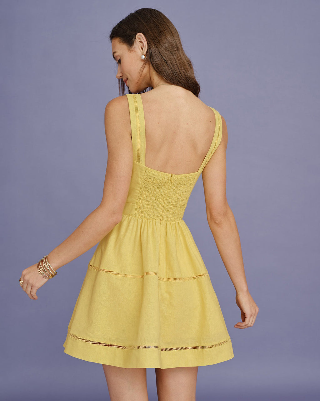 Yellow Square Neck Shirred Mini Dress
