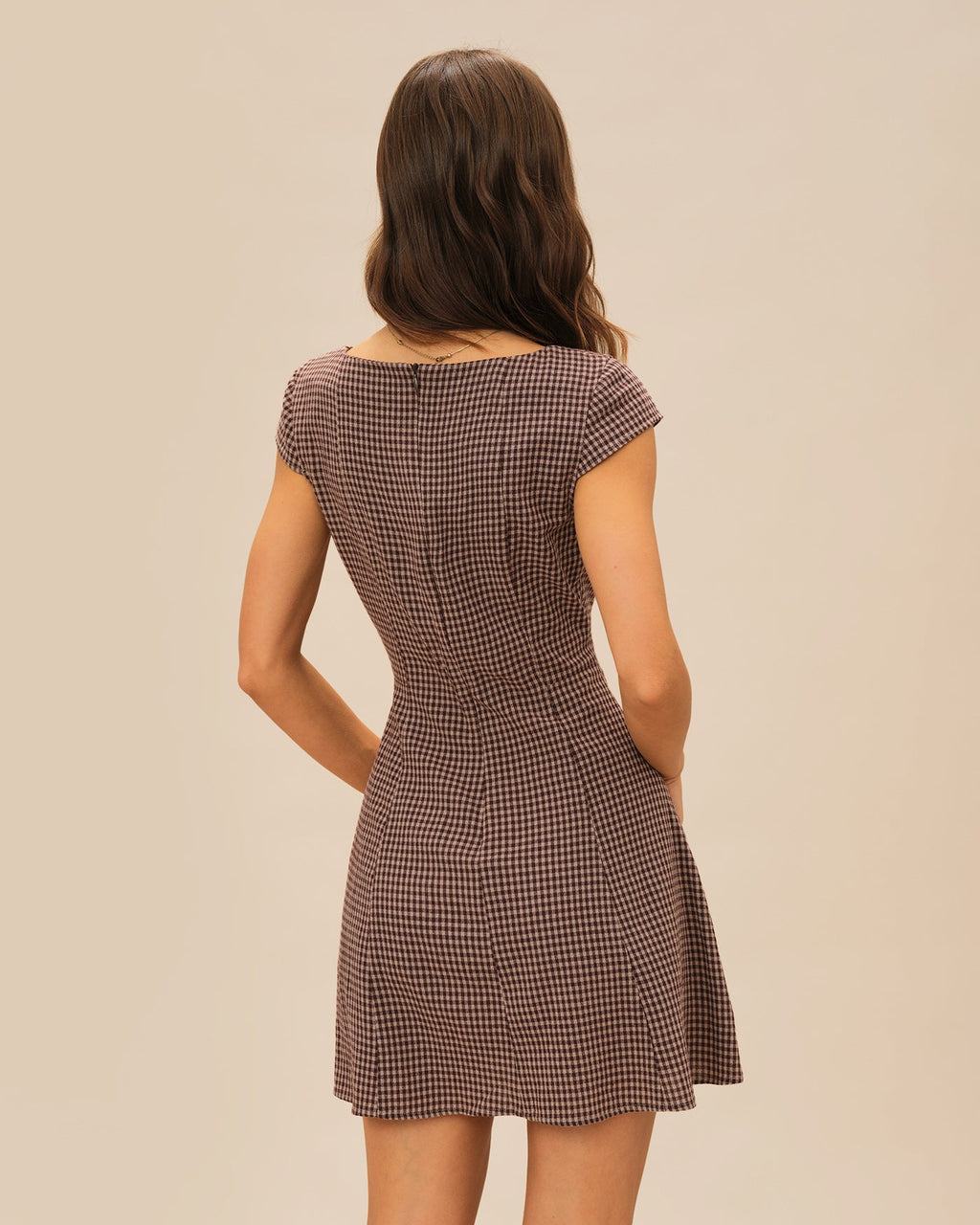 Brown Square Neck Plaid Mini Dress
