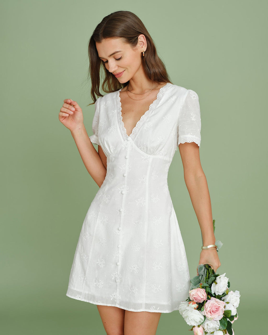 White V Neck Embroidery Lace Mini Dress