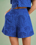 Blue Embroidery Cotton Shorts