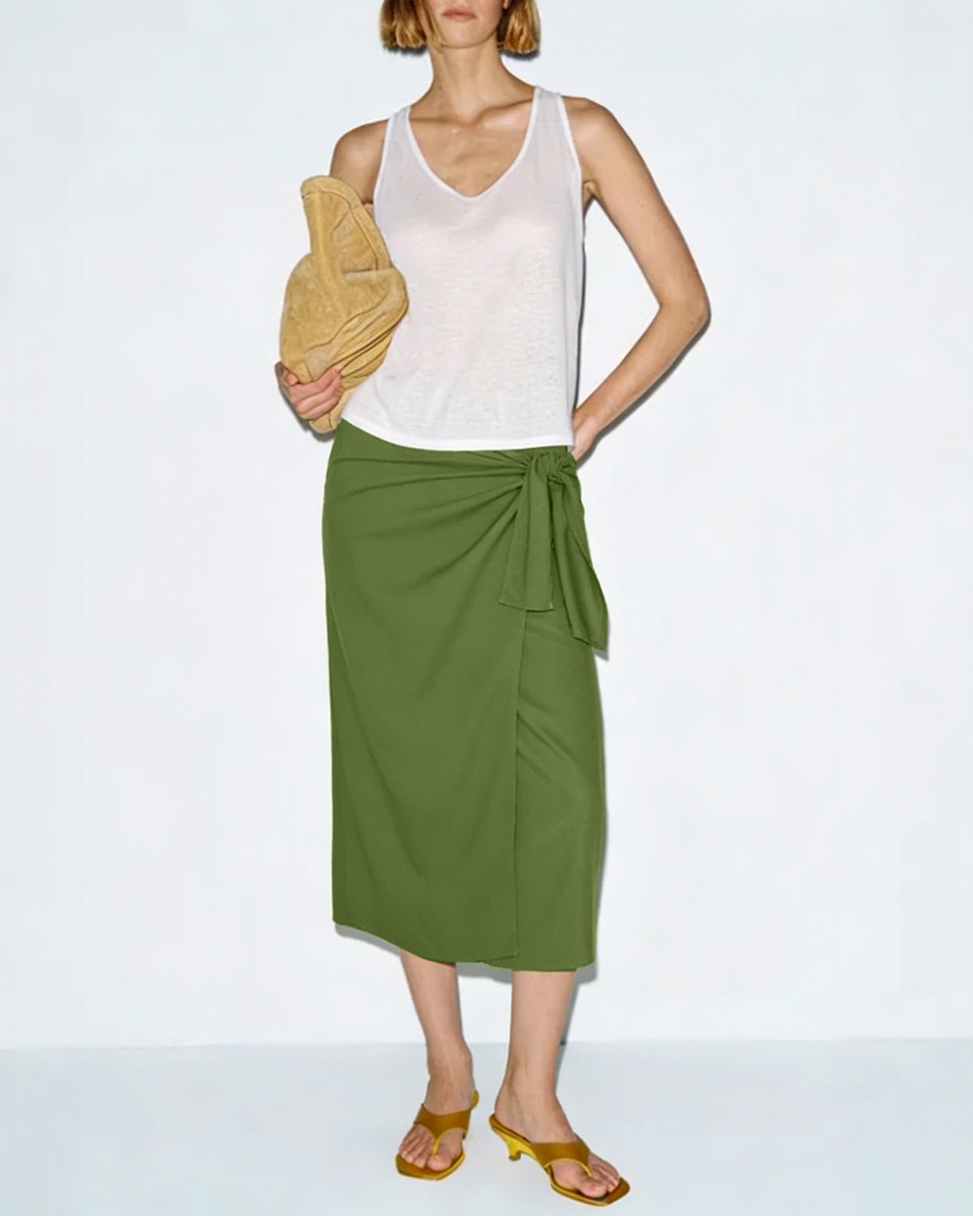 Green Solid Tie Midi Skirt