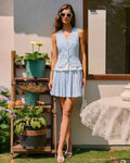 Blue Textured Pleated Mini Skirt