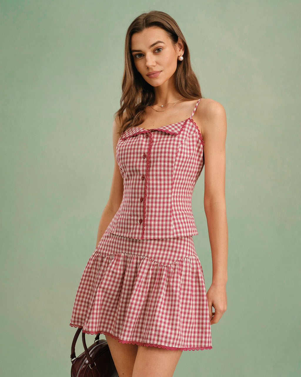Red Plaid Ruched Mini Skirt