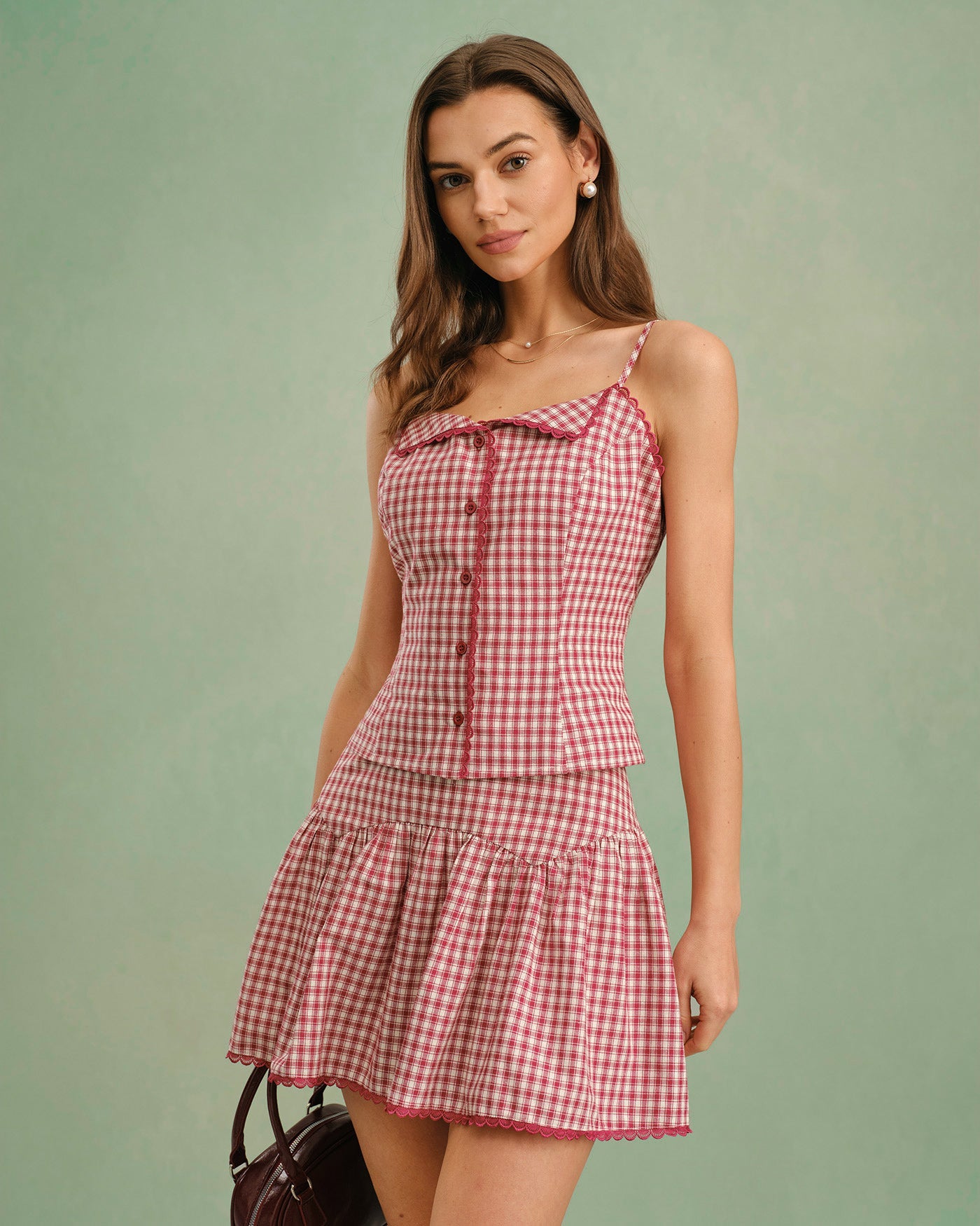 Red Plaid Ruched Mini Skirt