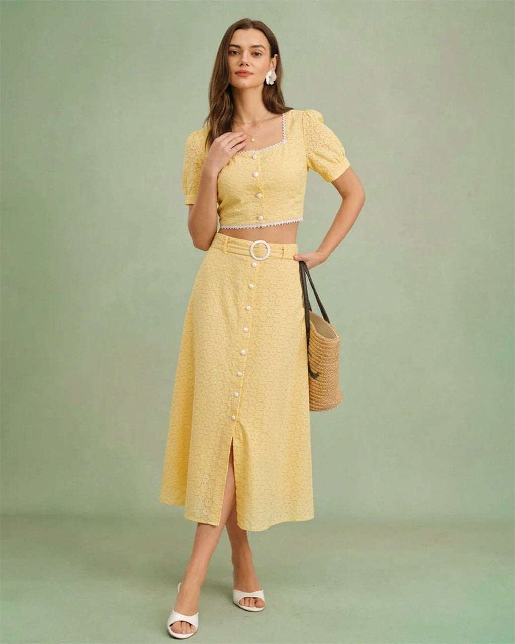 Yellow Embroidery Button Midi Skirt