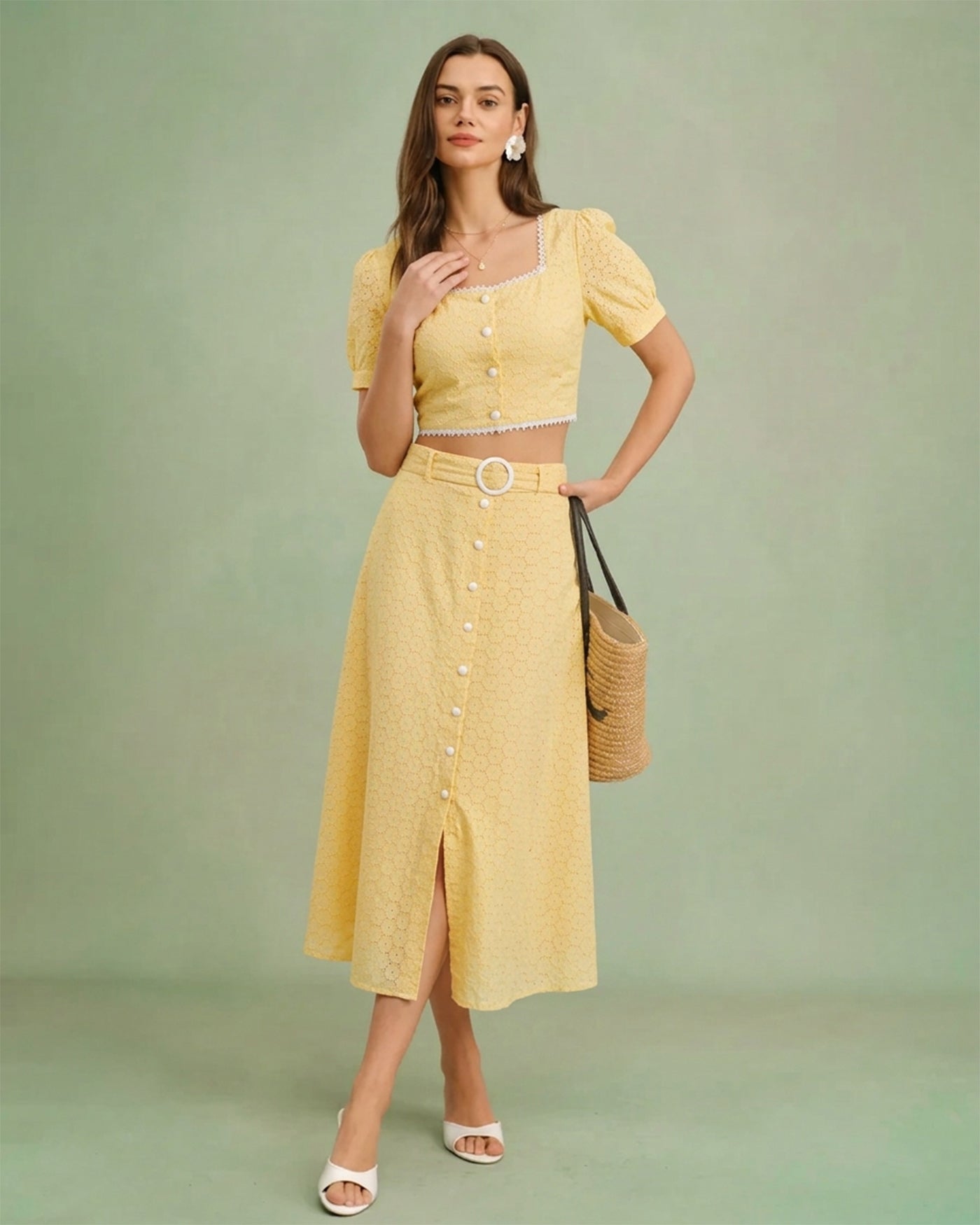 Yellow Embroidery Button Midi Skirt