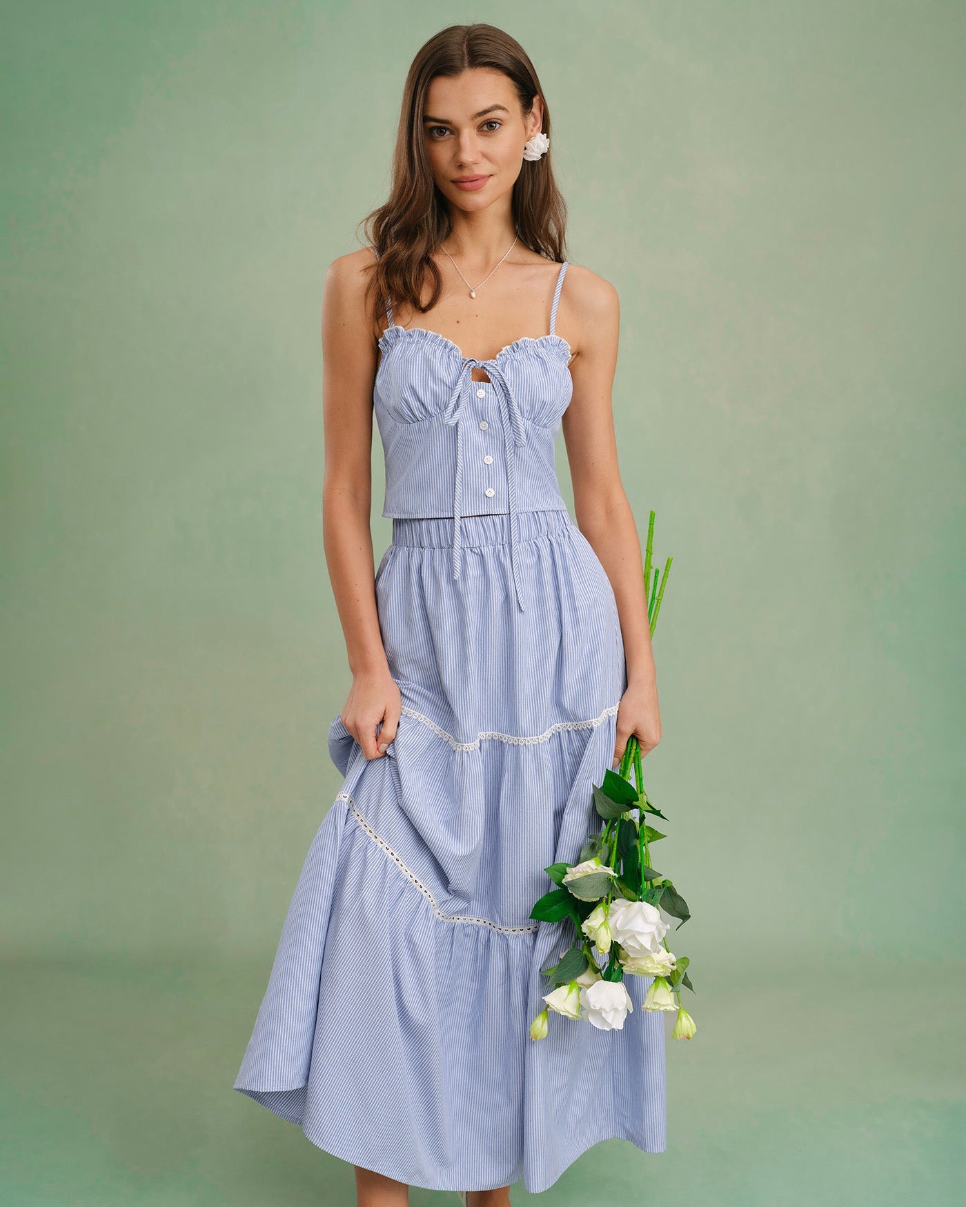 Blue Elastic Waist Midi Skirt