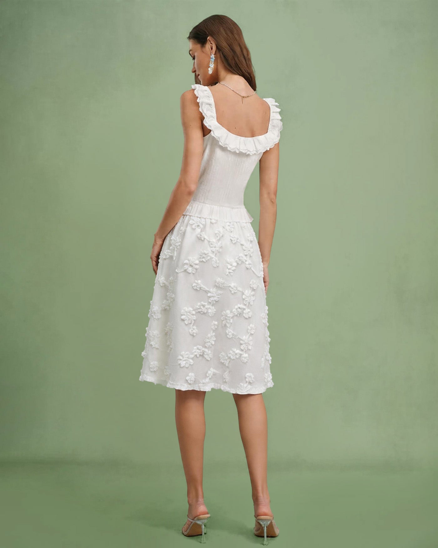 White Flowers Elastic Waist Midi Skirt