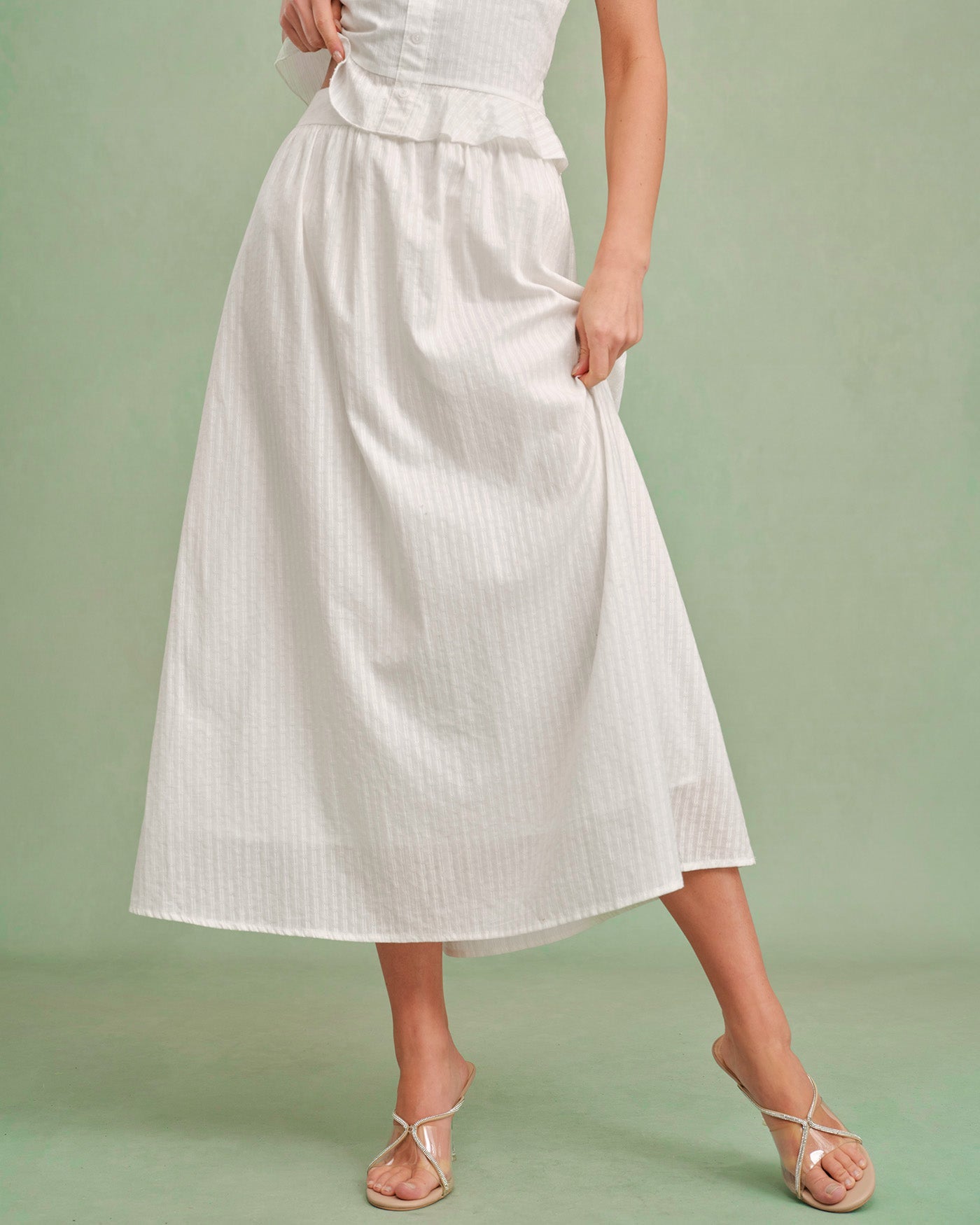 White Solid A-Line Midi Skirt