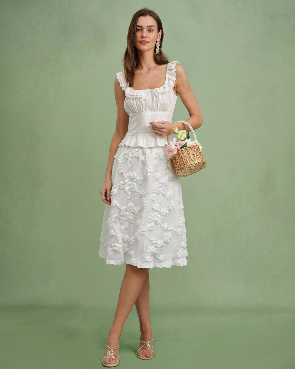 White Flowers Elastic Waist Midi Skirt