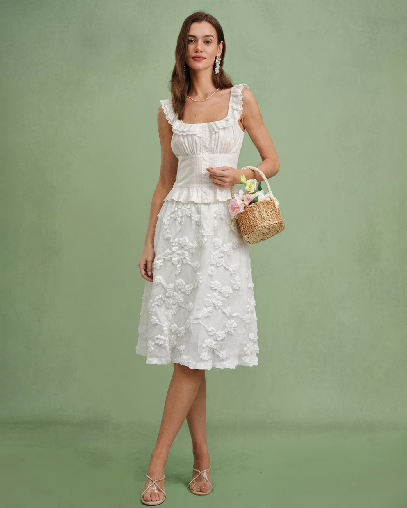 White Flowers Elastic Waist Midi Skirt