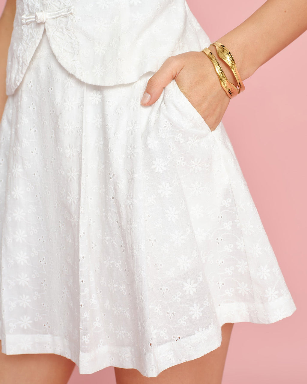 White Embroidery Pockets Mini Skirt