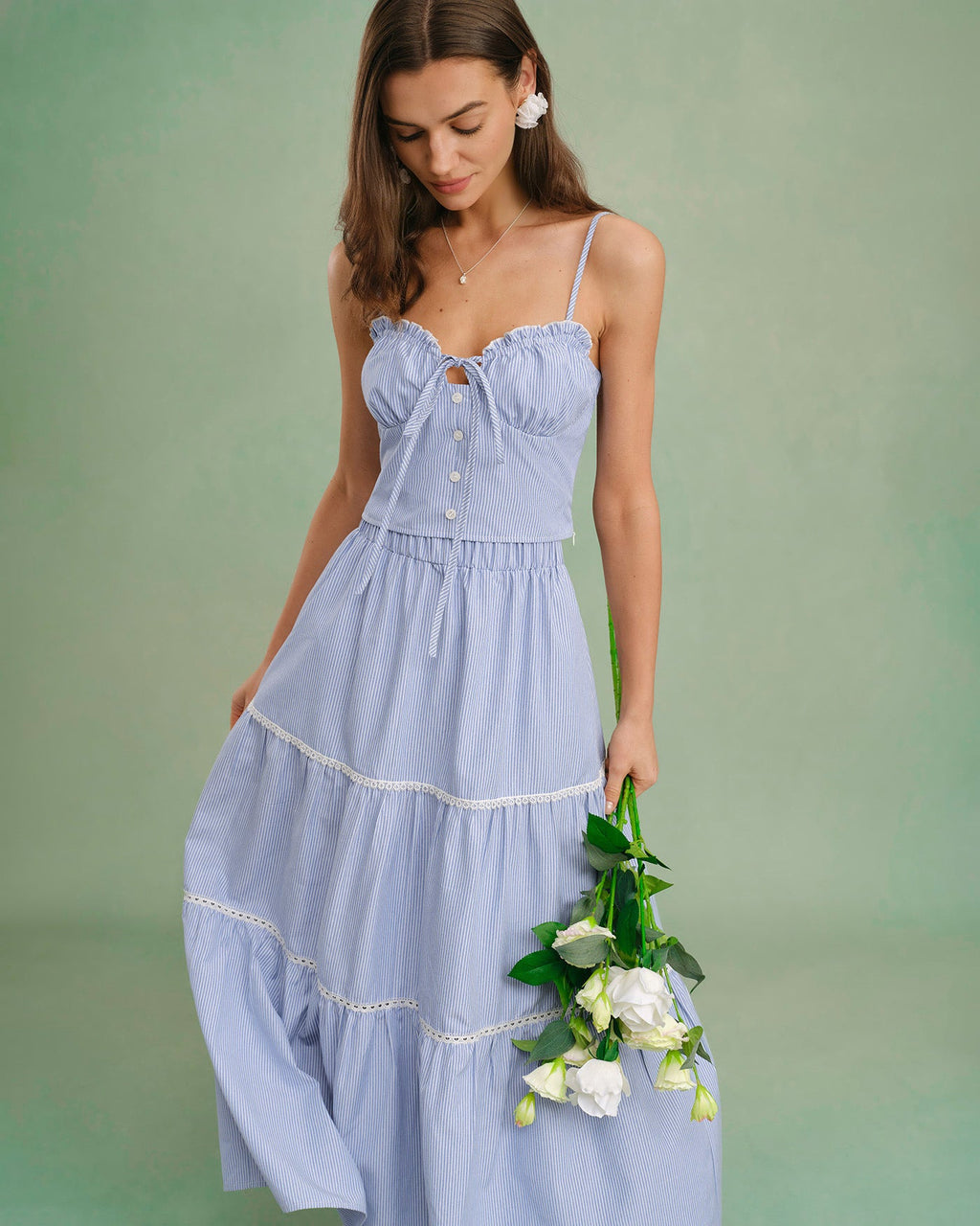 Blue Elastic Waist Midi Skirt
