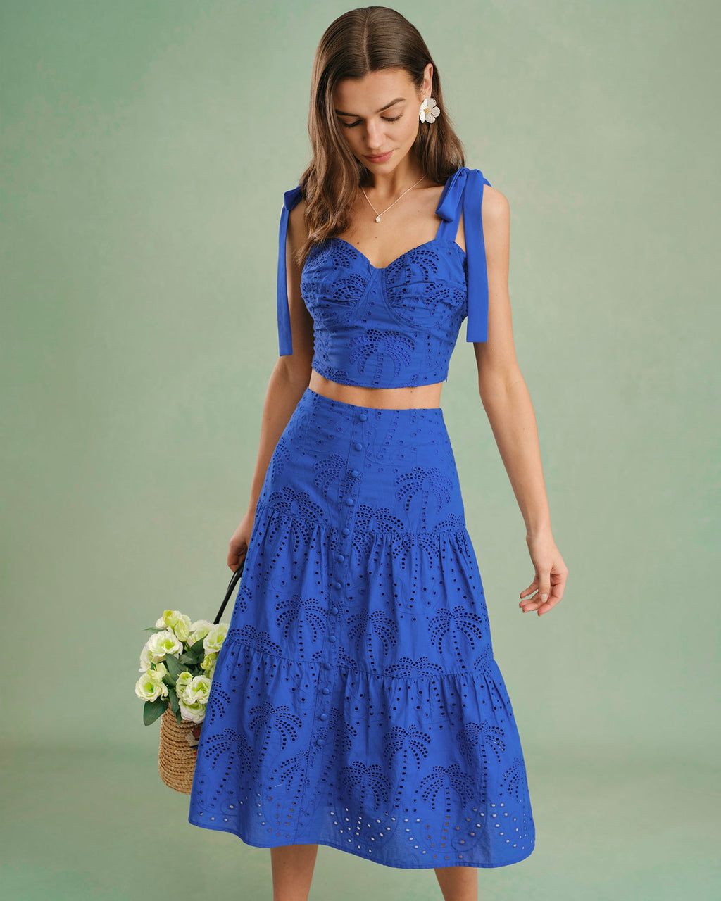 Blue Embroidery Midi Skirt