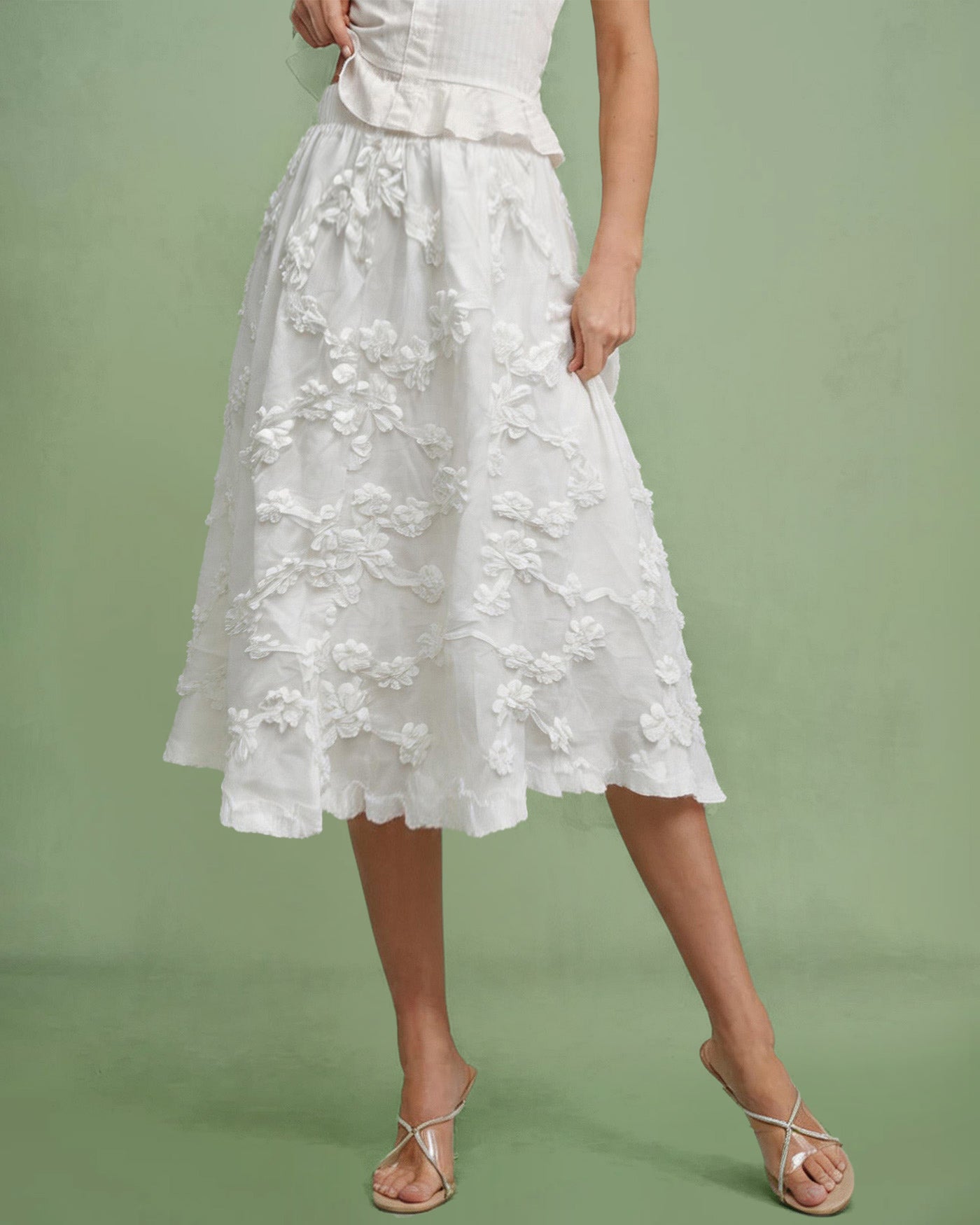 White Flowers Elastic Waist Midi Skirt